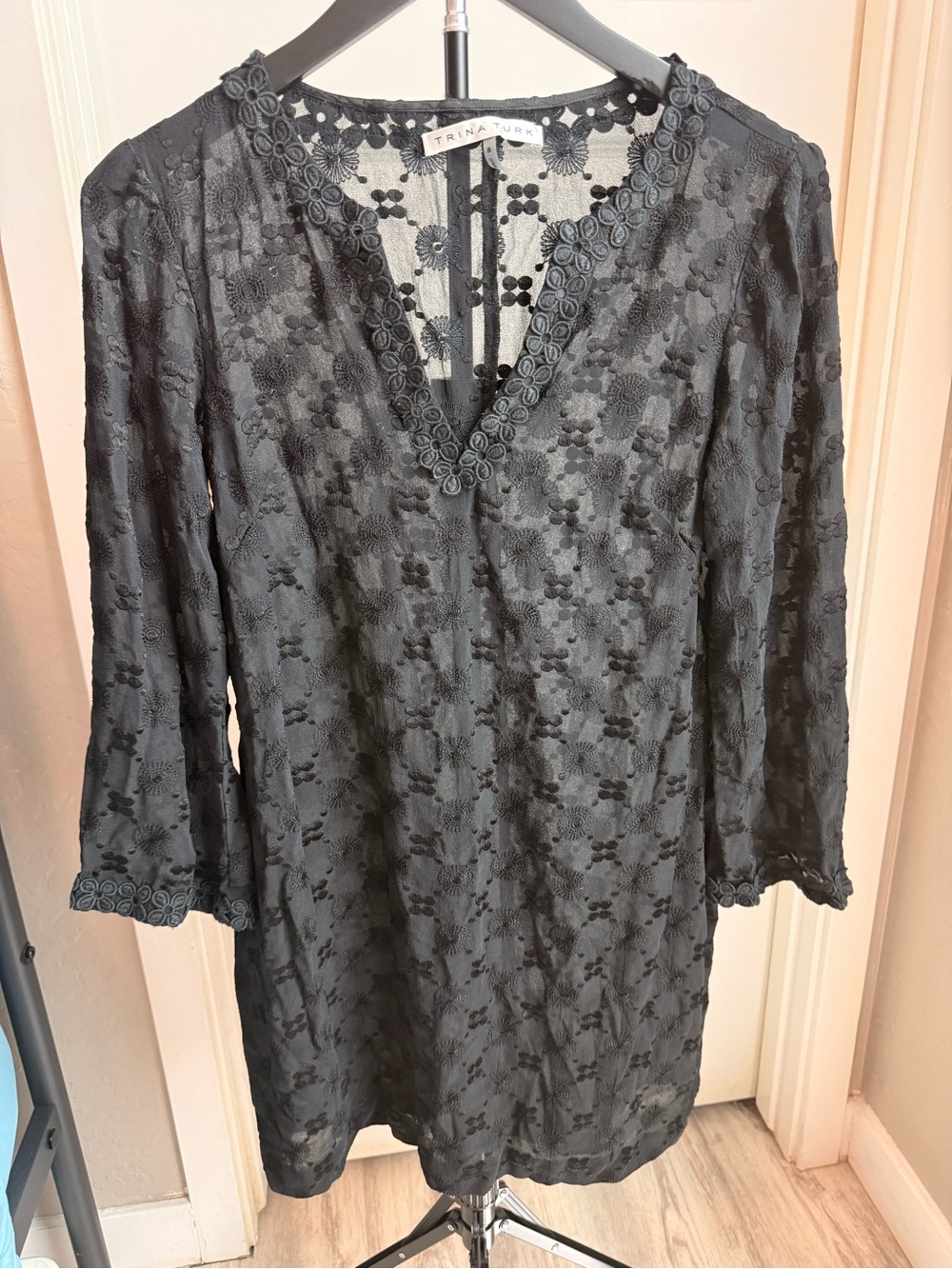 Trina Turk Black Floral Lace V-Neck Tunic Dress or Swim Cover Up